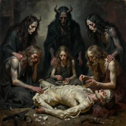 a magnificent sad pessimistic masterpiece oil painting of a sad family of demon gods of sorrow and despair, feasting on a dead body, by laurie lipton, by francisco goya, by greg rutkowski, trending on artstation, cinematic, highly detailed, 8 k,