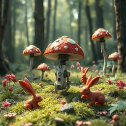 a little robotic mushrooms running around in the forest with red rabbits