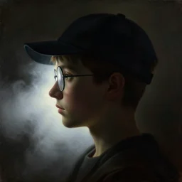 a baroque neoclassicist close - up side profile portrait of a silhouette of retrofuturistic boy with a baseball hat, glasses and a straight nose, glowing fog in the background. renaissance portrait painting. highly detailed science fiction painting by norman rockwell, frank frazetta, and syd mead. rich colors, high contrast, gloomy atmosphere, dark background. trending on artstation