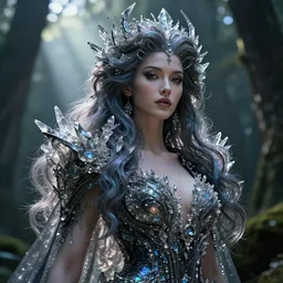 beauteous sumptuous dark empress with incredible iridescent pearlescent voluminous hair, photo - realistic crystalline masterpiece incrustations, hyperdetailed kind face, elegant pose, movie still, cinematic forest lighting, intricate accuracy, octane render, cgsociety, artgerm, unreal engine, crepuscular rays, god rays