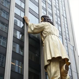 giant jesus knocks on the windows of the un skyscraper