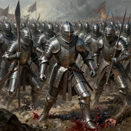 A medieval battle of armies of warriors in detailed spiked armor. Puddles and splashes of blood, severed limbs, anger. Extremely high detail, realistic, medieval fantasy art, masterpiece, art by Zdzisław Beksiński, Boris Vallejo