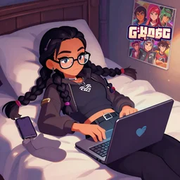 modern female hacker with thick braids and glasses with her laptop lying in bed, fantasy art heartstone Video game icon, 2d game art gta cover , official fanart behance hd artstation by Jesper Ejsing, by RHADS, Makoto Shinkai and Lois van baarle, ilya kuvshinov, rossdraws