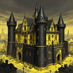 A digital concept art painting of a black and yellow renacentis fantasy european castle with black brick in a city renacentis, 4K UHD image, unreal engine, Graphic Novel, Visual Novel, professional lighting,deviantart,artstation