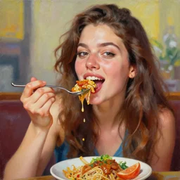 amazing very detailed realistic oil painting of a beautiful woman enjoying a delicious mean. vibrant colors, very funny, personal, positive, visually pleasing and engaging. high resolution. high quality. hq hd. trending on artstation.