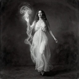 dramatic full body portrait daguerreotype photo of a beautiful female spirit medium levitating and emitting paranormal ectoplasm, detailed and creepy, by annie leibovitz, by virgil finlay