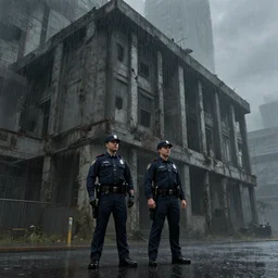 two police guards stand outside a brutalist building in the rain, concept art by james paick, cgsociety, antipodeans, reimagined by industrial light and magic, concept art, artstation hd