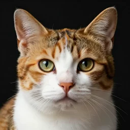 extreme close up portrait of one calico cat by vermeer. black background, three - point lighting, enchanting, realistic features, realistic proportions, centered, trending on artstation.
