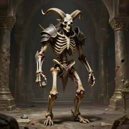 A spiked horned detailed semiork-semihuman skeleton with armored joints stands in the cavernous corridors of the palace with a pebble in hands and toes. Wearing massive shoulderplates. Extremely high details, realistic, fantasy art, solo, masterpiece, bones, ripped flesh, art by Zdzisław Beksiński, Arthur Rackham, Dariusz Zawadzki, Harry Clarke