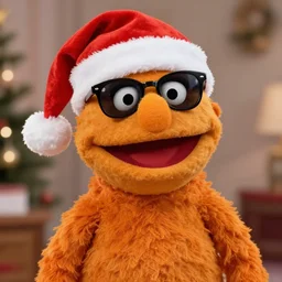 bip bippadotta at the north pole, santa hat, orange fuzzy muppet, screenshot, wearing sunglasses. sharp, uhd 4 k