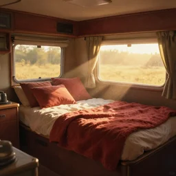 camper interior, bed with blankets, pillows, red and brown interior, golden hour, nostalgic, godrays, dust, soft diffuse, digital painting, cozy, highly detailed, trending on artstation