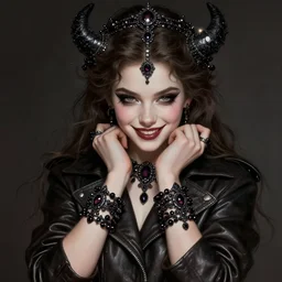 portrait of teenage aphrodite, wicked smile, wearing leather coat, onyx bracelets, intricate, elegant, sparkling dark jewelry, glowing lights, highly detailed, digital painting, artstation, concept art, smooth, sharp focus, illustration, art by wlop, mucha, artgerm, and greg rutkowski