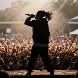 rapping into microphone, silhouette, huge crowd, outrun, hip hop, detailed, 4k