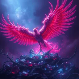 phoenix rising up from the ashes, fantasy art, ultra realistic, purple red blue colors, in a huge nest of jewels