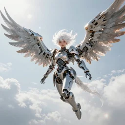 a white haired young maiden with detached wings made of machinery descending from the sky, highly detailed concept art, intricate, bright lens flare, glowing hair, backlight, sky background, 8 k