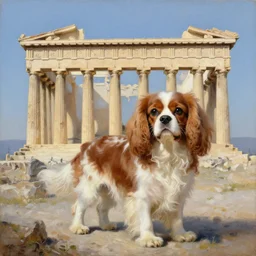 fluffy cavalier king charles spaniel, ancient greece, temples, parthenon, oil on canvas