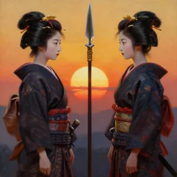 one samurai and one geisha stand opposite each other against the backdrop of the setting sun, between them is a spear, japanese style, oilpainting, ultra - realism, artstation, wow it is beautiful, sharp focus, ultra detailed, 8 k, dramatic, octan render