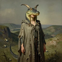 A detailed horned crocodilewoman stands among the hills. Wearing a ripped mantle, robe. Perfect faces, extremely high details, realistic, fantasy art, solo, masterpiece, art by Zdzisław Beksiński, Arthur Rackham, Dariusz Zawadzki