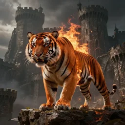 tiger, tiger, tiger of fire in the sky accurate anatomy, over a medieval castle, dark postapocaliptic scenery, massive architecture, realistic, precise, sharp, high quality, ultrarrealistic, octane render, unreal engine, povray, raytracing, volumetric light, hdr