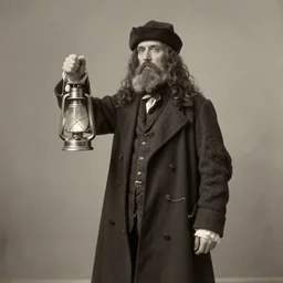 1800s photograph of a plague doctor holding a lantern,