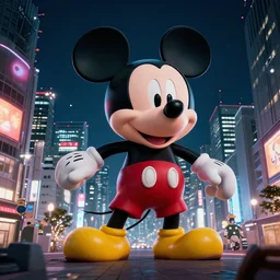 A beautiful wide shot of an enormous Mickey Mouse destroying the night city of Tokyo, cinematic, anamorphic 35 mm lens, cinematic, anamorphic lens flares 4k