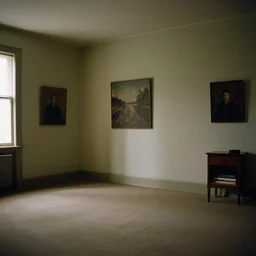 a empty room with paintings on a wall, carpet on the floor, window with light coming through, nightstand in a corner, film still from the movie directed by Denis Villeneuve, wide lens