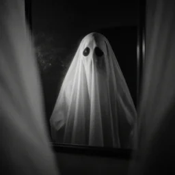 the ghost in the mirror, moody, ambient, volumetric light, sharpened, monochromatic, film photography