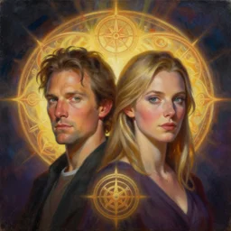 portrait of peter weller mandy jurgens, cartoon, oil painting, visionary art, symmetric, magick symbols, holy halo, dramatic ambient lighting, high detail, vibrant colors,