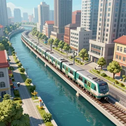 An urban train rides inside of a waterway on a fantasy city, next to a fountain and a mystical palace. By Joseph Mallord William Turner, fractal flame, highly detailded