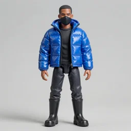 a action figure of kanye west using full face - covering mask with small holes. a small, tight, undersized reflective bright blue round puffer jacket made of nylon. a black shirt underneath. dark jeans pants. a pair of big black rubber boots, figurine, detailed product photo