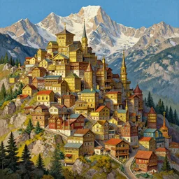 artstation concept of a mountainous city in the rocky mountains, numerous vintage/rustic elements, bright colorful, gold, hyperdetailed, artstation trending, world renowned artists, worth1000.com, historic artworks society, antique renewel, cgsociety, by greg rutkowski, by Gustave Dore, Deviantart