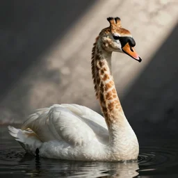 a swan with a giraffe neck and head