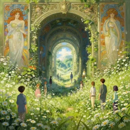 portal to another world in a field of daisies, painting by unreal engine, greg rutkowski, loish, rhads, beeple, makoto shinkai and lois van baarle, ilya kuvshinov, rossdraws, tom bagshaw, alphonse mucha, global illumination, detailed and intricate environment