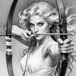 portrait of astonishing aphrodite goddess as an archer warrior, arrow, beautiful piercing eyes, flowing blonde hair, realistic face, black and white drawing, in the style of greg rutkowski, fantasy, amazing detail, epic, intricate, elegant, smooth, sharp focus
