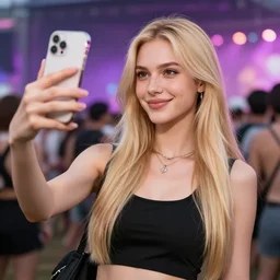 skinny blond reporter with long deadlocks takes a smiling selfie in front a rave, winking at the camera, high detail, full focus, time magazine 2 0 2 2