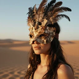 a portrait photography of a woman wearing a mask made of bark and feathers, in a desert, golden hour, cinematic, Kodak Portra 800 film