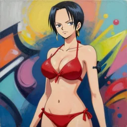 one peace - character nico robin in a red bikini, artwork by sergey kolesov, medium shot, asymmetrical, organic painting, sunny day, matte painting, bold shapes, hard edges, street art, trending on artstation, by huang guangjian and gil elvgren and sachin teng