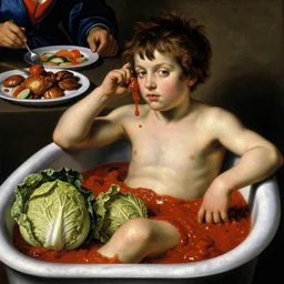 a boy sitting in a tub full of ketchup, a lot of cabbage, dinner is served, by giuseppe arcimboldo and ambrosius benson, renaissance, fruit, intricate and intense oil paint, realistic