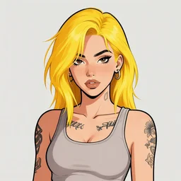 character portrait of a cool latina girl with golden yellow messy hair, 2 8 7 hairstyle, wearing a tanktop, lesbian, tattoos, highly detailed, stylized, medium shot, vector line art, clean cel shaded vector art, by ross tron, lois van baarle, artgerm, helen huang, makoto shinkai, ilya kuvshinov, rossdraws