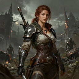 A fantasy comic book style portrait painting of a female ranger in a grim post apocalyptic setting, unreal 5, DAZ, hyperrealistic, octane render, RPG portrait, dynamic lighting