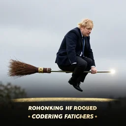 photo of boris johnson flying on a magical broomstick, award - winning