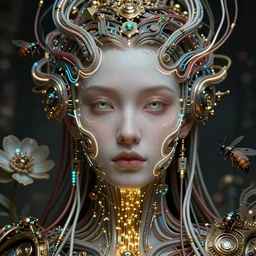 very beautiful woman integrating with technology, full face frontal centered, portrait, insipiring, detailed intricate ornate neon pulsating cables connected to head, extremely detailed eyes, porcelain mouth, luxurious detailed abundent wiring and implants, gold optical fiber, renaissance, sci - fi, detailed technology background with cyber flowers and insects, dramatic lighting, photography, highly detailed, artstation, 8 k,