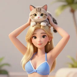 photorealistic portrait of blonde young women in bathing suit holding kitten over her head, 3d cgi, photorealistic, cute,
