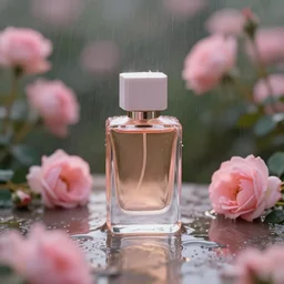 perfume in a pink rose garden, softly - lit, raining, water puddle, softly - lit, soft - warm, zen, light, modern minimalist f 2 0 clean