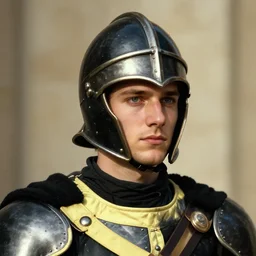 Medium closeup young idealistic and pious male Imperial soldier wearing a black tabard with light yellow accents over a gambeson and a {perfect barbut helm}, by Raymond Swanland Greg Rutkowski Lise Deharm, {perfect face}, {perfect eyes}