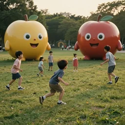 1990s candid photo of a beautiful day at the park, families playing, cinematic lighting, cinematic look, golden hour, kids being chased by large personified fruit creatures , Enormous fruit people, UHD