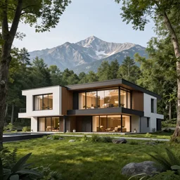 modern mansion in forest and beautiful mountains in the background