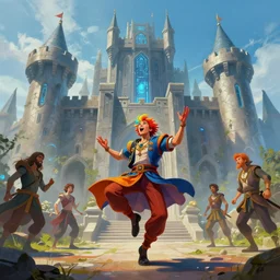 a colourful bard singing and dancing in front of a medieval cybercastle, surreal, concept art, digital painting by eyton zana, siwoo kim, tyler edlin, shaddy safadi, jordan grimmer, wide angle, low angle
