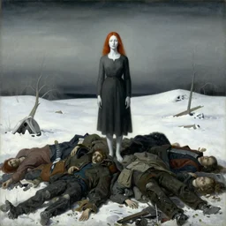 a surrealist painting of a lonely woman with white skin and red hair standing over pile of bodies in post apocalyptic snowy landscape, painted by beksinski