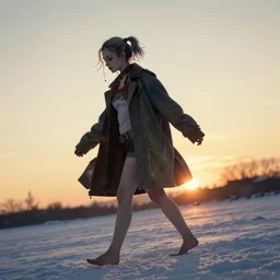 Harley Quinn walking barefoot in the snow, hair tied and braided loosely with random beads, sci-fi oversized coat, sunset, dramatic angle, cold, lost, hopeless, dynamic pose, 8k hdr pixiv dslr photo by Makoto Shinkai ilya kuvshinov and Wojtek Fus
